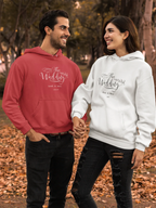Couple's wedding day hoodie sweatshirts, red and white, with printed names