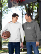 White and gray pullover hoodies, each with hood and front pouch pocket, “Father” logo