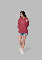 Burgundy hooded sweatshirt with front pouch pocket and small chest script graphic