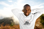White hoodie with hood and Adventure Awaits mountain logo on chest
