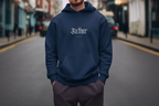 Navy pullover hoodie with hood and front pouch pocket, chest “Father” logo