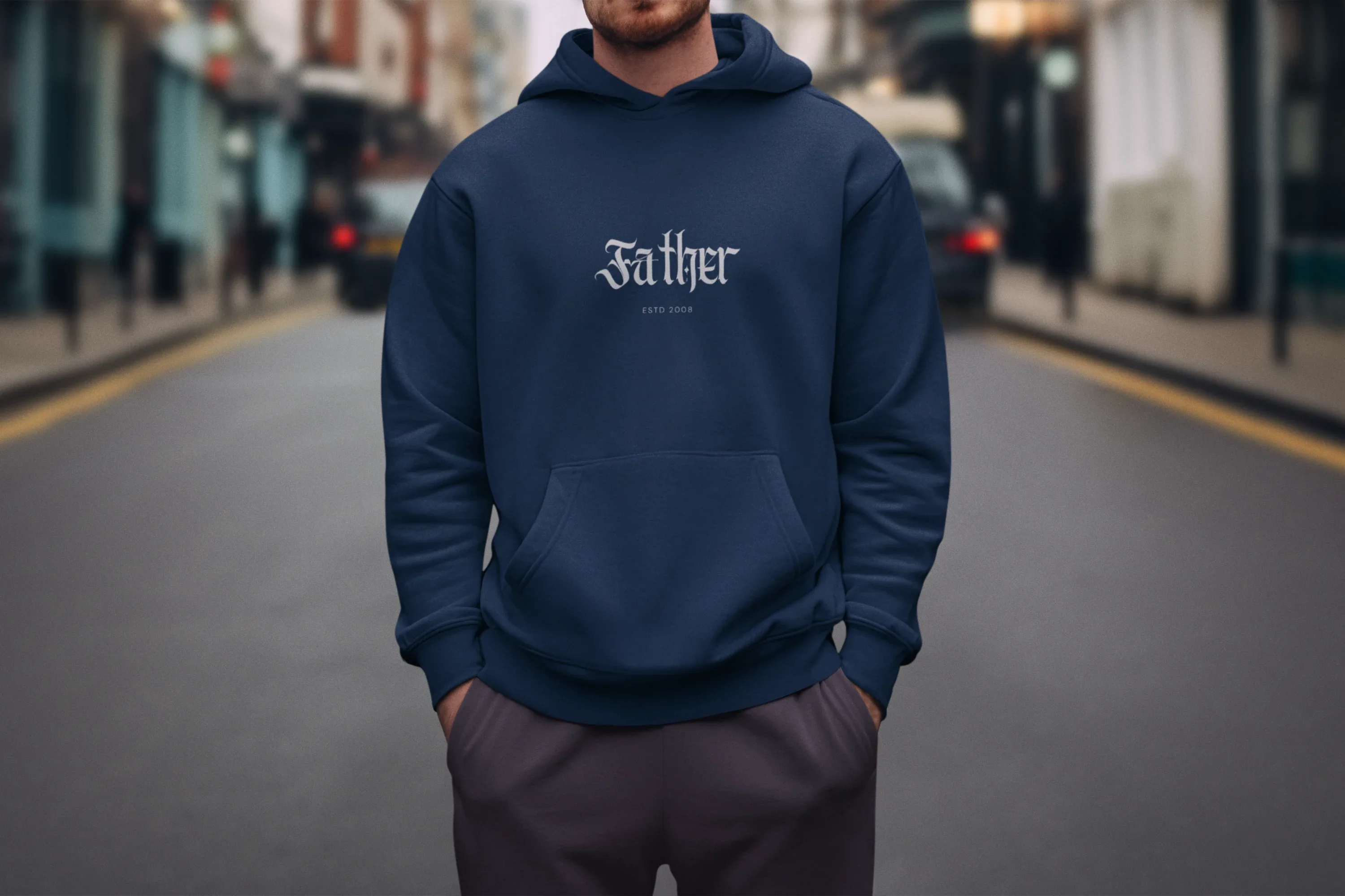 Navy pullover hoodie with hood and front pouch pocket, chest “Father” logo