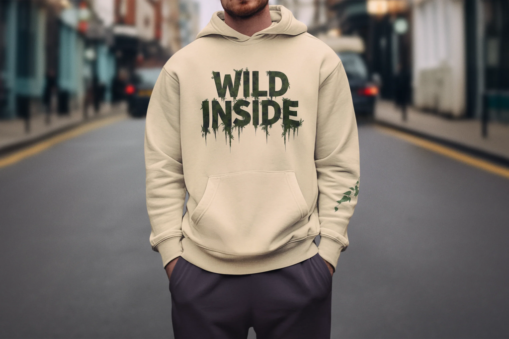 Cream hoodie pullover with green "WILD INSIDE" graphic on the chest