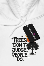 Close-up of white hoodie with black tree and text graphic plus drawstring