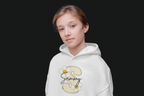 Kids white hoodie on a child with hood and floral name graphic at center chest