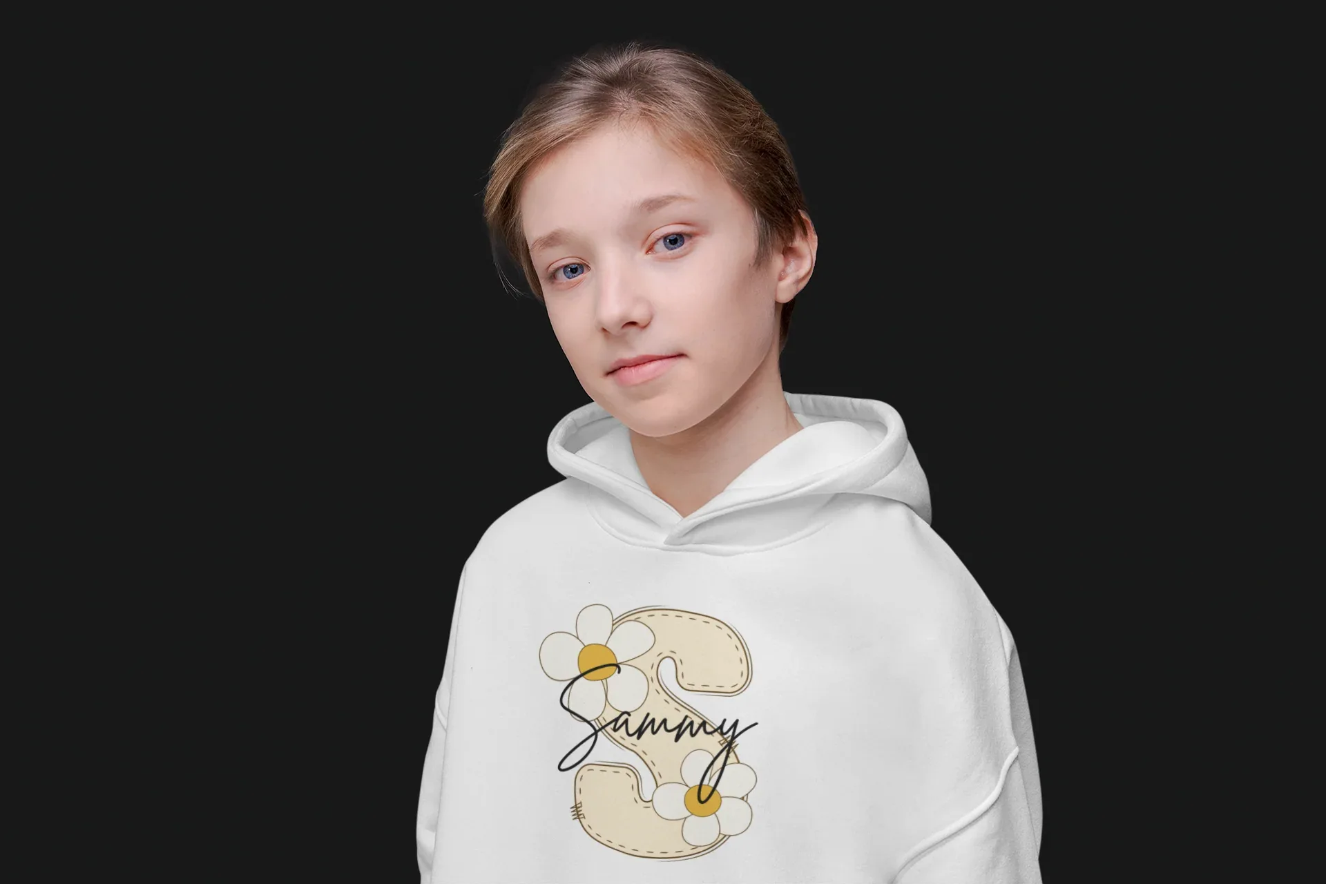 Kids white hoodie on a child with hood and floral name graphic at center chest
