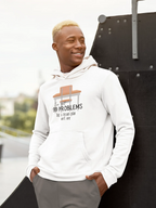 White unisex hoodie with front pocket and drawstring hood; '99 problems' desk print.