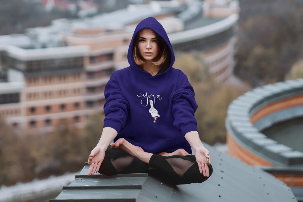 Purple hoodie with duck pose graphic, hood, and front pocket