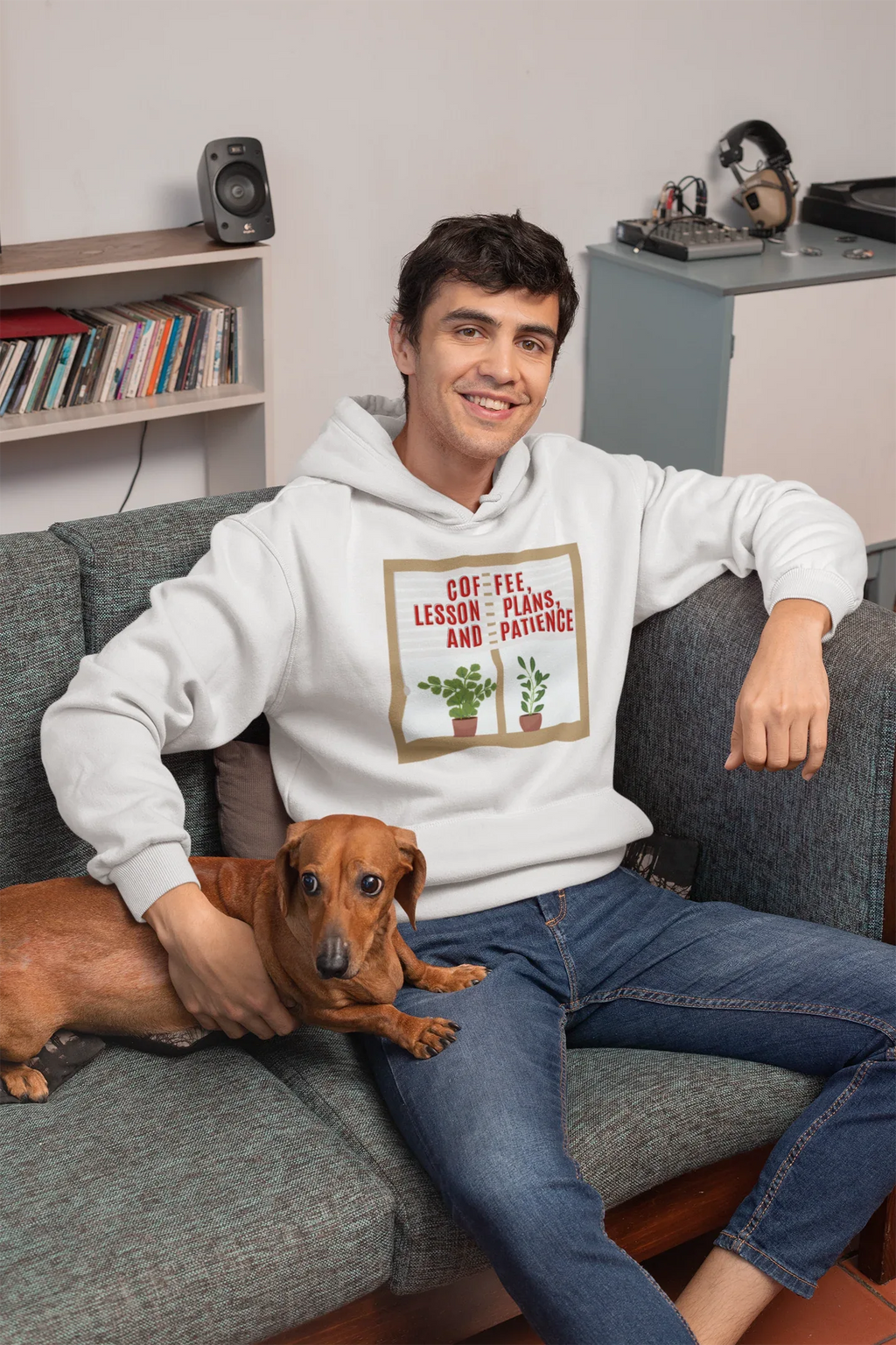 White hoodie worn with blue jeans; front graphic shows potted plants and “Coffee, Lesson Plans, and Patience”