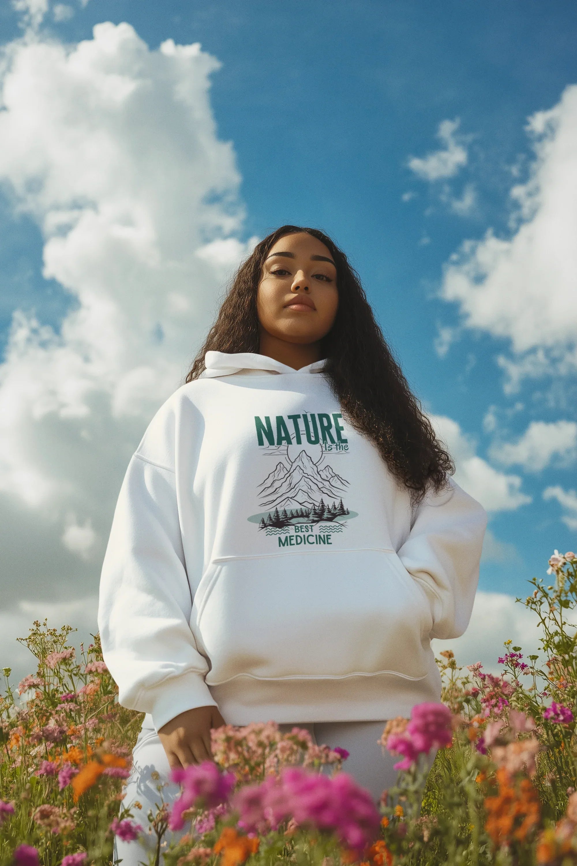 White hoodie worn by a woman with green nature mountain “Best Medicine” logo on chest.