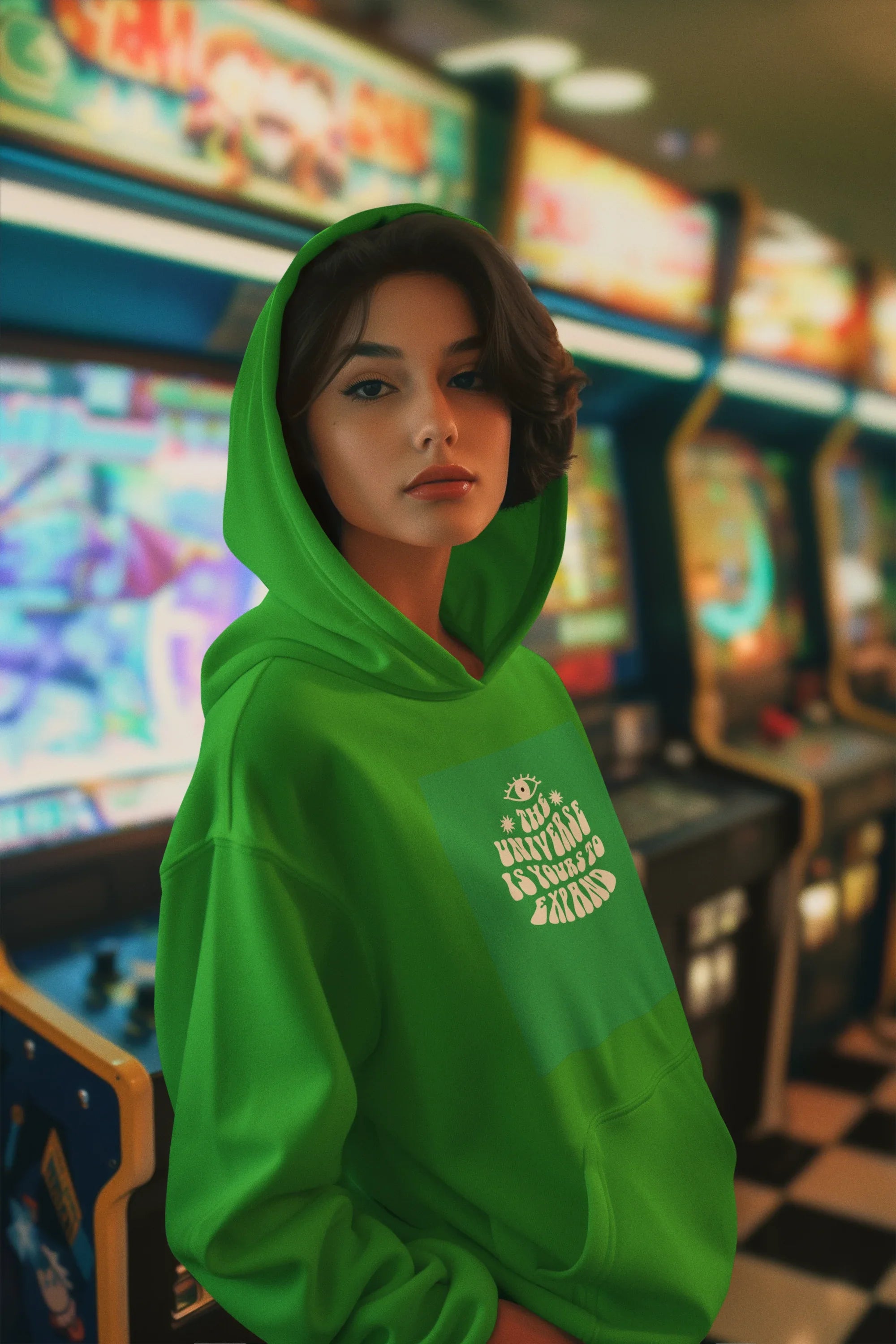 Unisex green hoodie with hood up and front pocket, chest logo graphic
