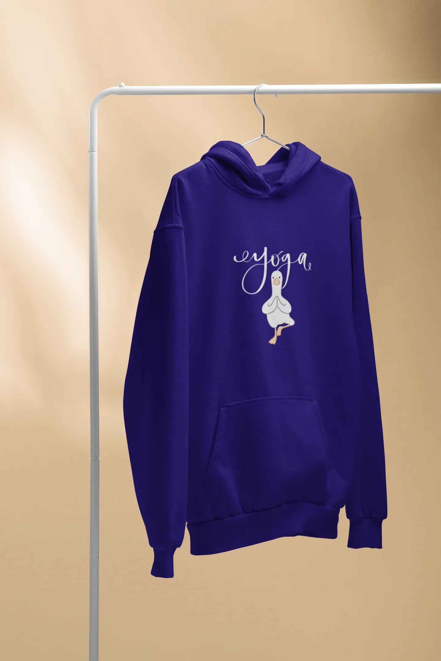 Royal blue hoodie with duck pose chest logo and front kangaroo pocket