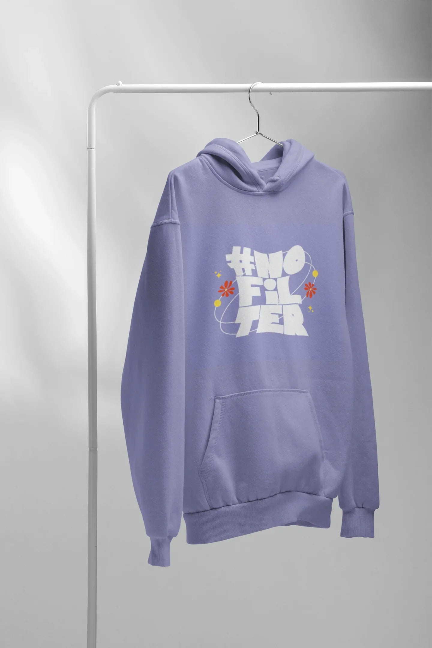 Purple unisex slogan hoodie with hood and front kangaroo pocket