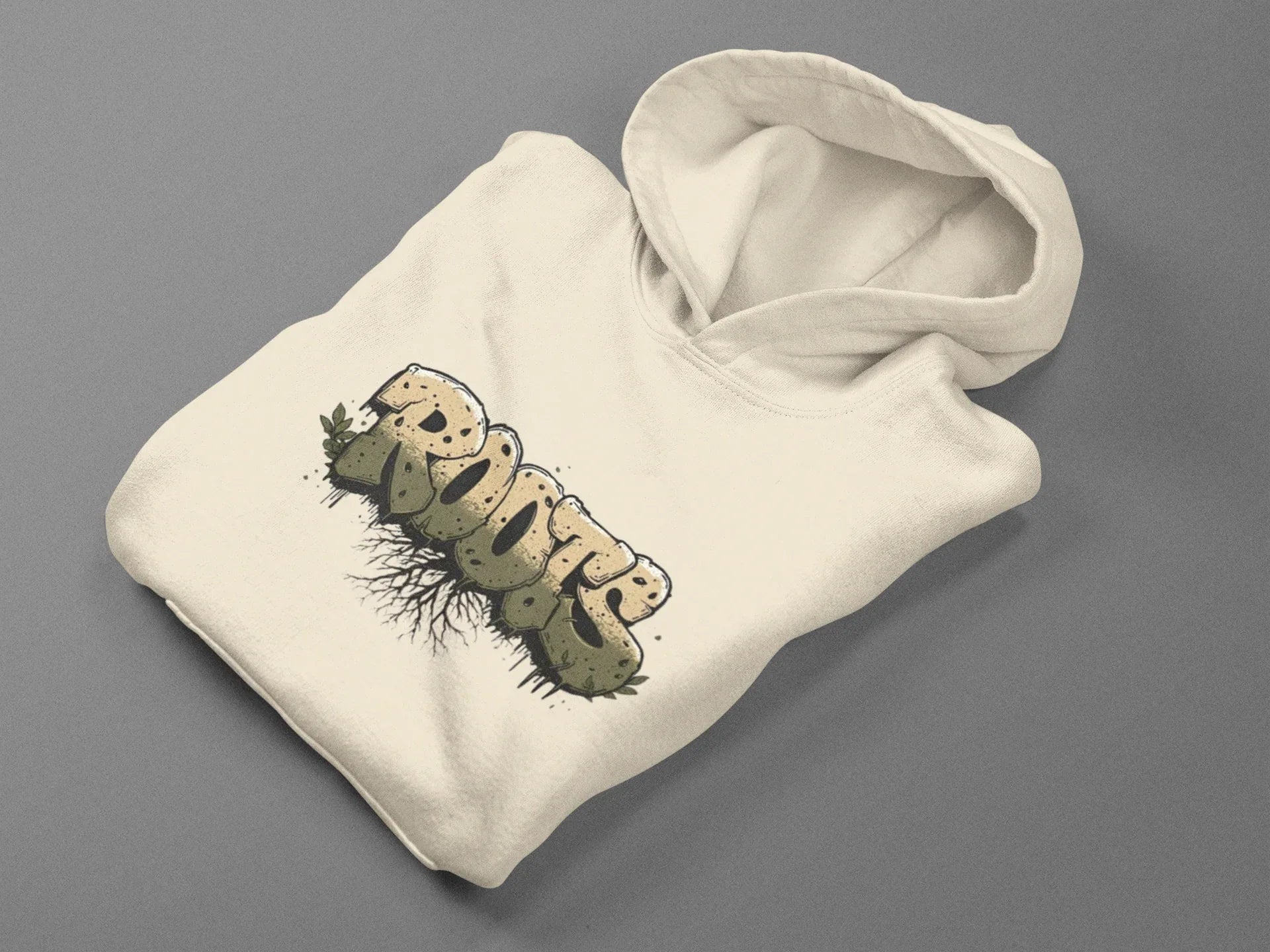 Off-white Roots hoodie, folded with hood and 'Roots' graphic front print