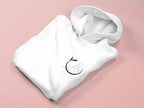 White yoga hoodie, folded with hood and black yoga figure logo