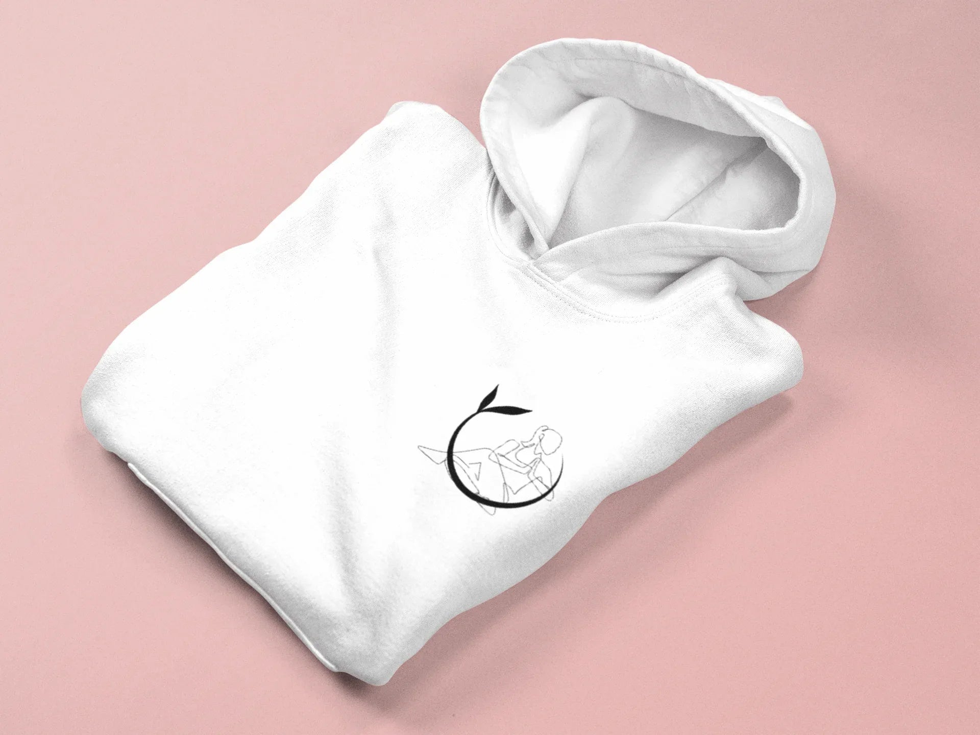 White yoga hoodie, folded with hood and black yoga figure logo