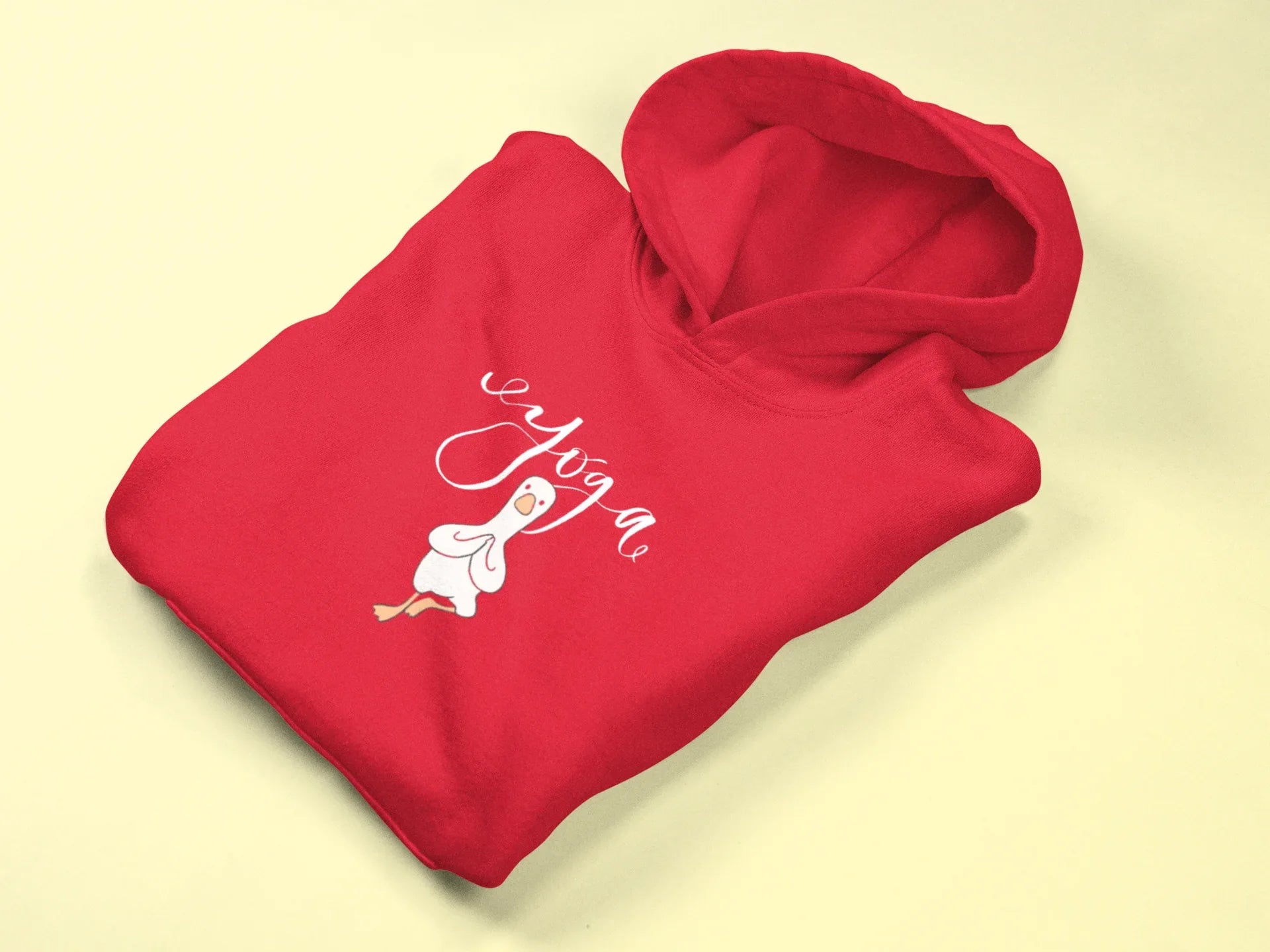 Red duck pose hoodie with hood and yoga duck graphic on the chest