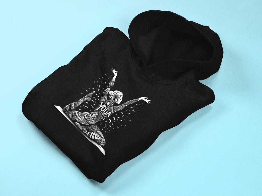 Black yoga hoodie with centered white lotus pose illustration on the chest