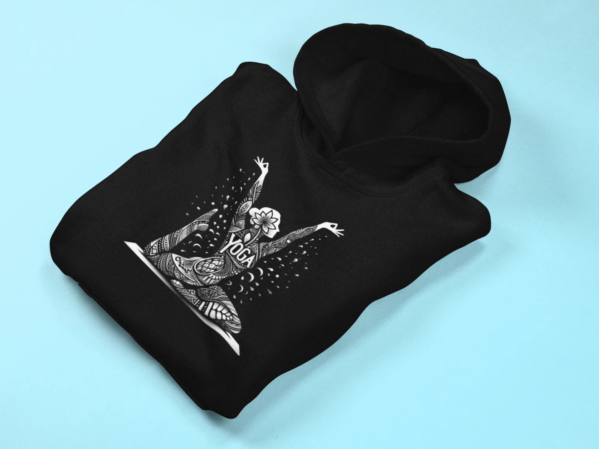 Black yoga hoodie with centered white lotus pose illustration on the chest