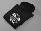 Black hoodie with white mountain graphic logo and drawstring hood, folded view