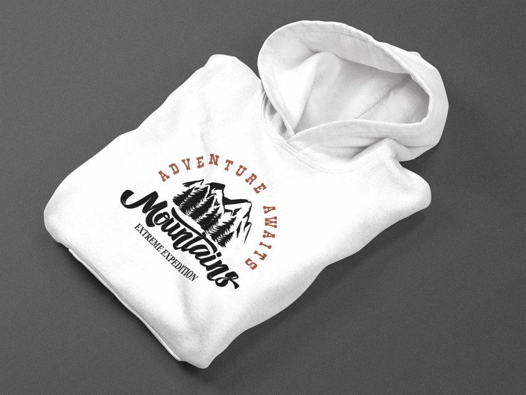 Folded white hoodie with Adventure Awaits mountain logo on front