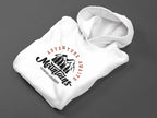 Folded white hoodie with Adventure Awaits mountain logo on front