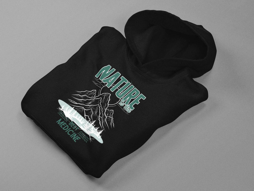 Black hoodie with hood and Nature Medicine logo graphic, mountain and lightning design