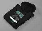 Black hoodie with hood and Nature Medicine logo graphic, mountain and lightning design
