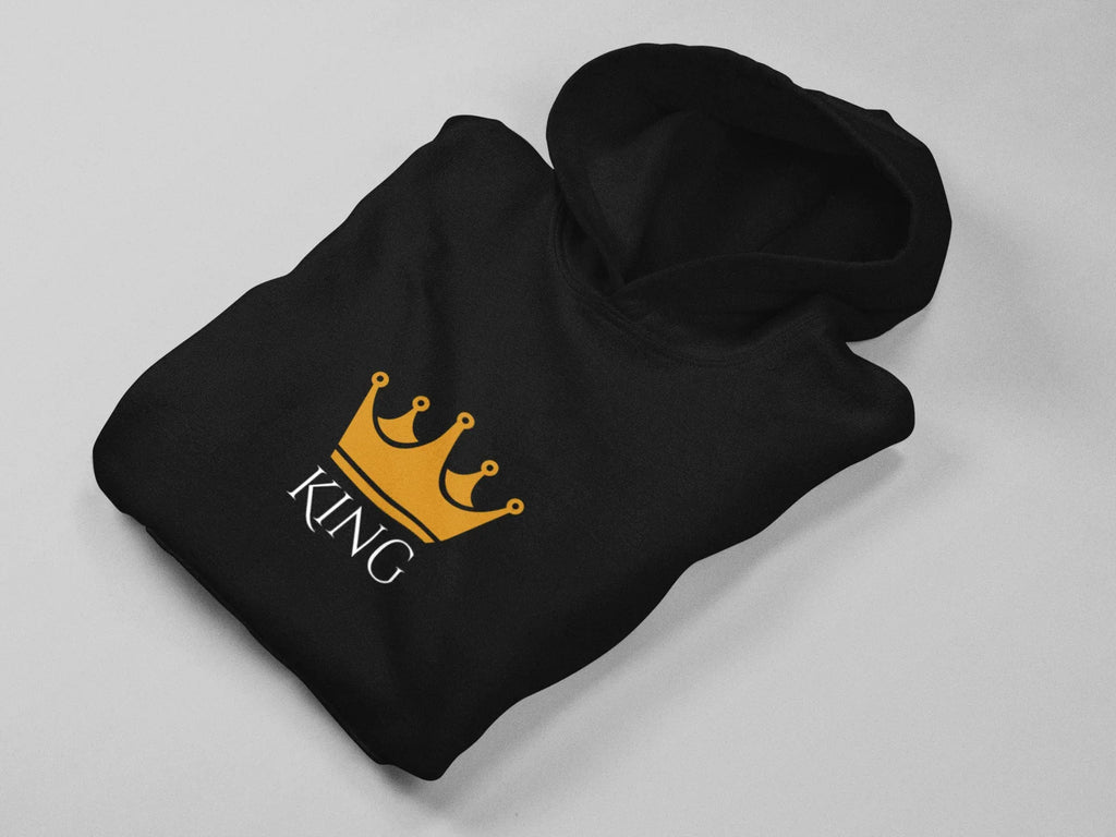 Black hooded sweatshirt, KING crown graphic on front, laid flat