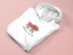 White hoodie sweatshirt with heart cartoon graphic and 'Married AF (as fun)'