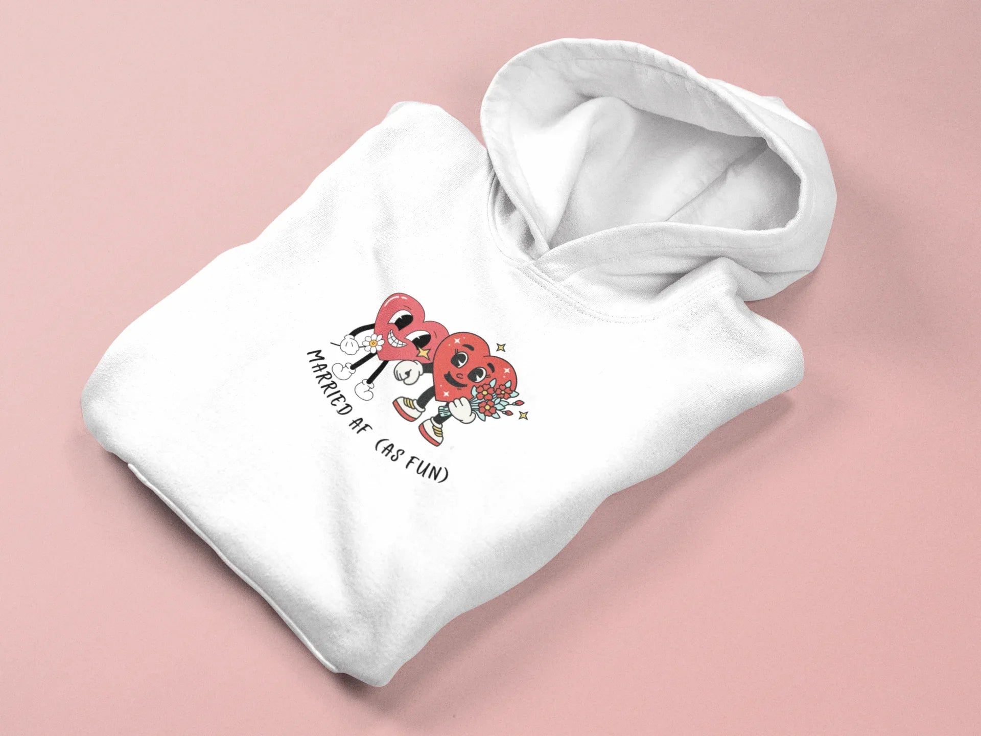 White hoodie sweatshirt with heart cartoon graphic and 'Married AF (as fun)'