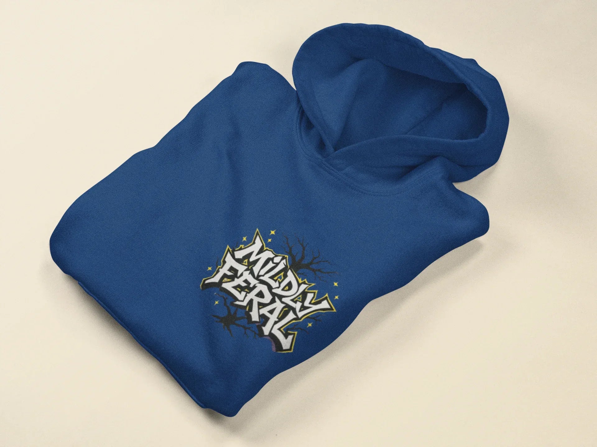 Royal blue graphic hoodie folded flat with small chest logo