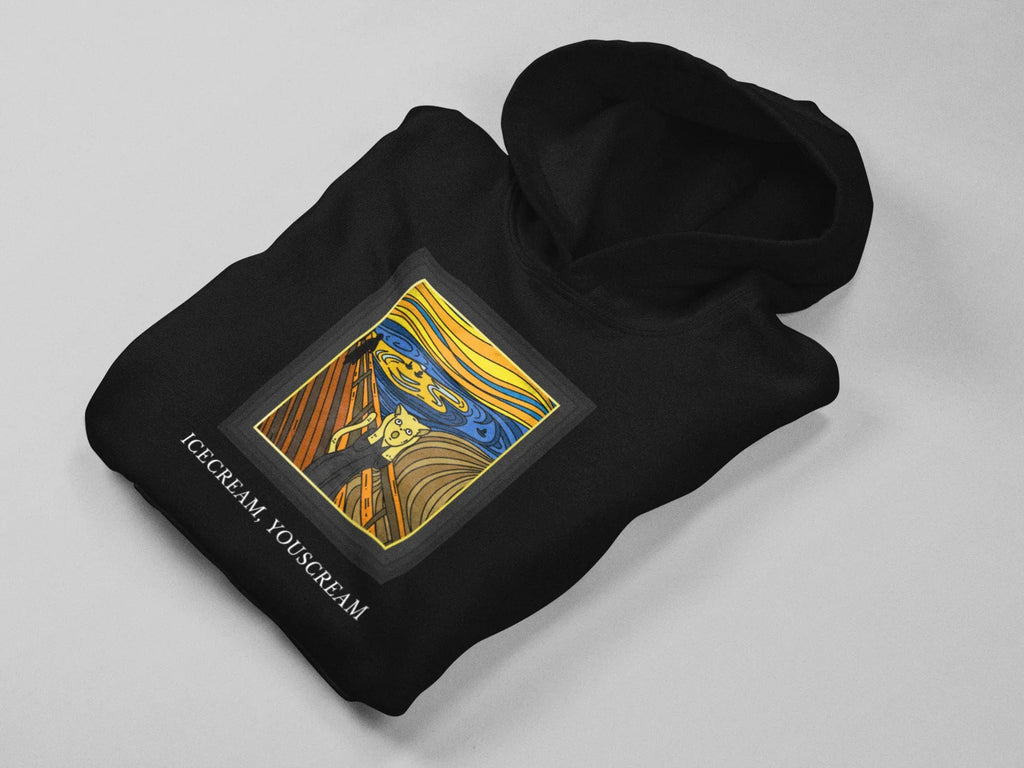 Folded black pullover hoodie with hood and colorful square graphic print on front panel.