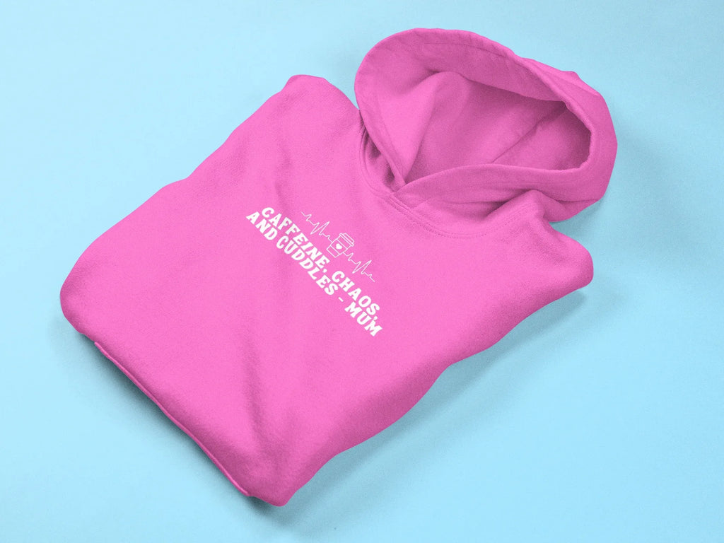 Pink hoodie sweatshirt folded with front pouch pocket and hood, printed text.
