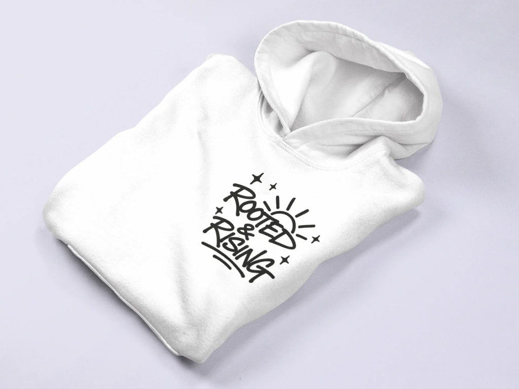 White hoodie with hood and small Rooted & Rising logo on chest