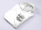 White hoodie with hood and small Rooted & Rising logo on chest