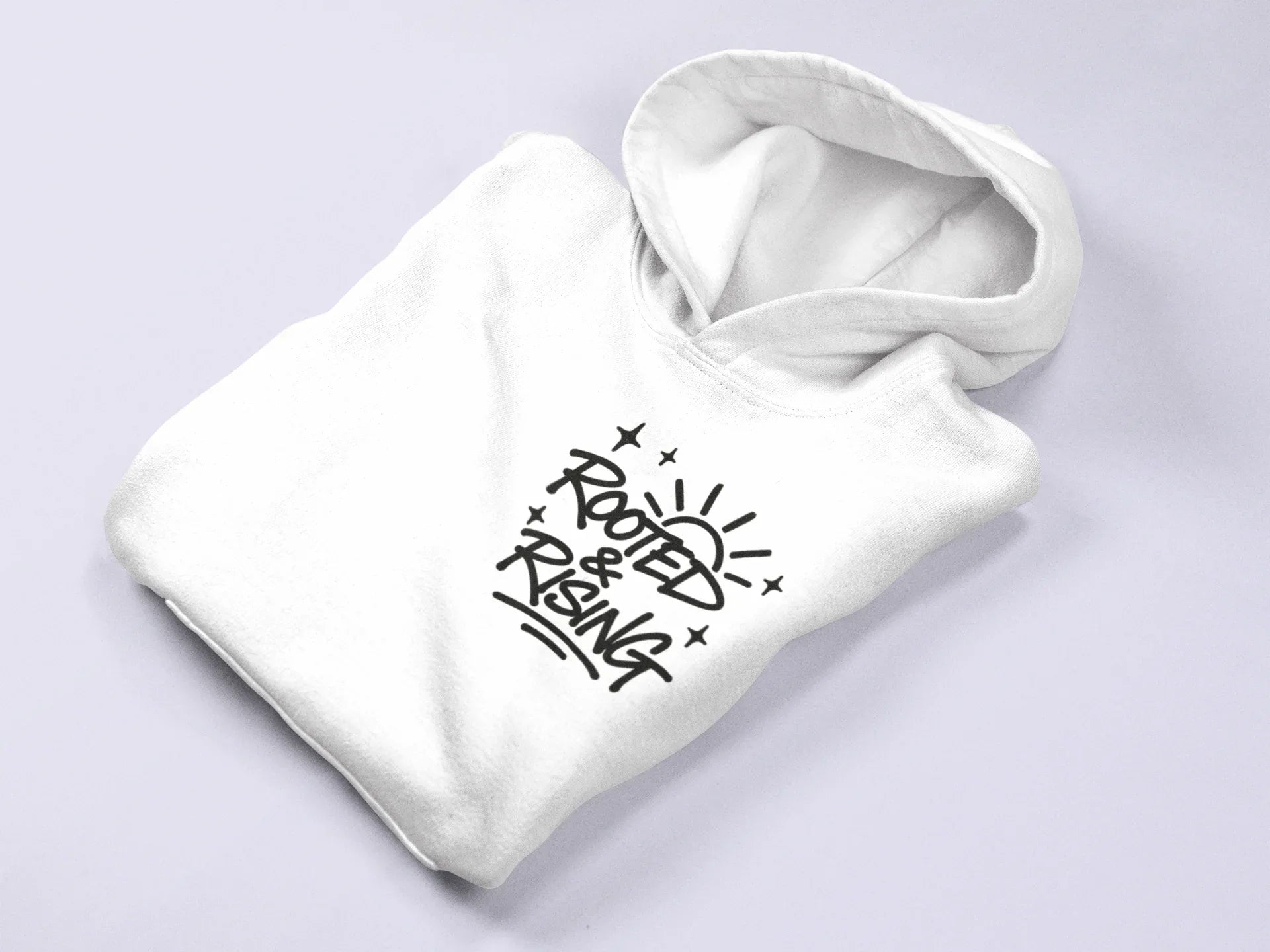 White hoodie with hood and small Rooted & Rising logo on chest