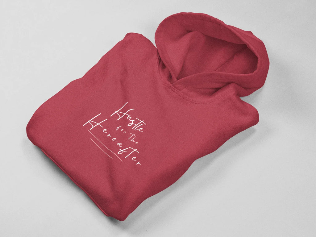 Burgundy hooded sweatshirt folded with front pouch pocket and chest script graphic