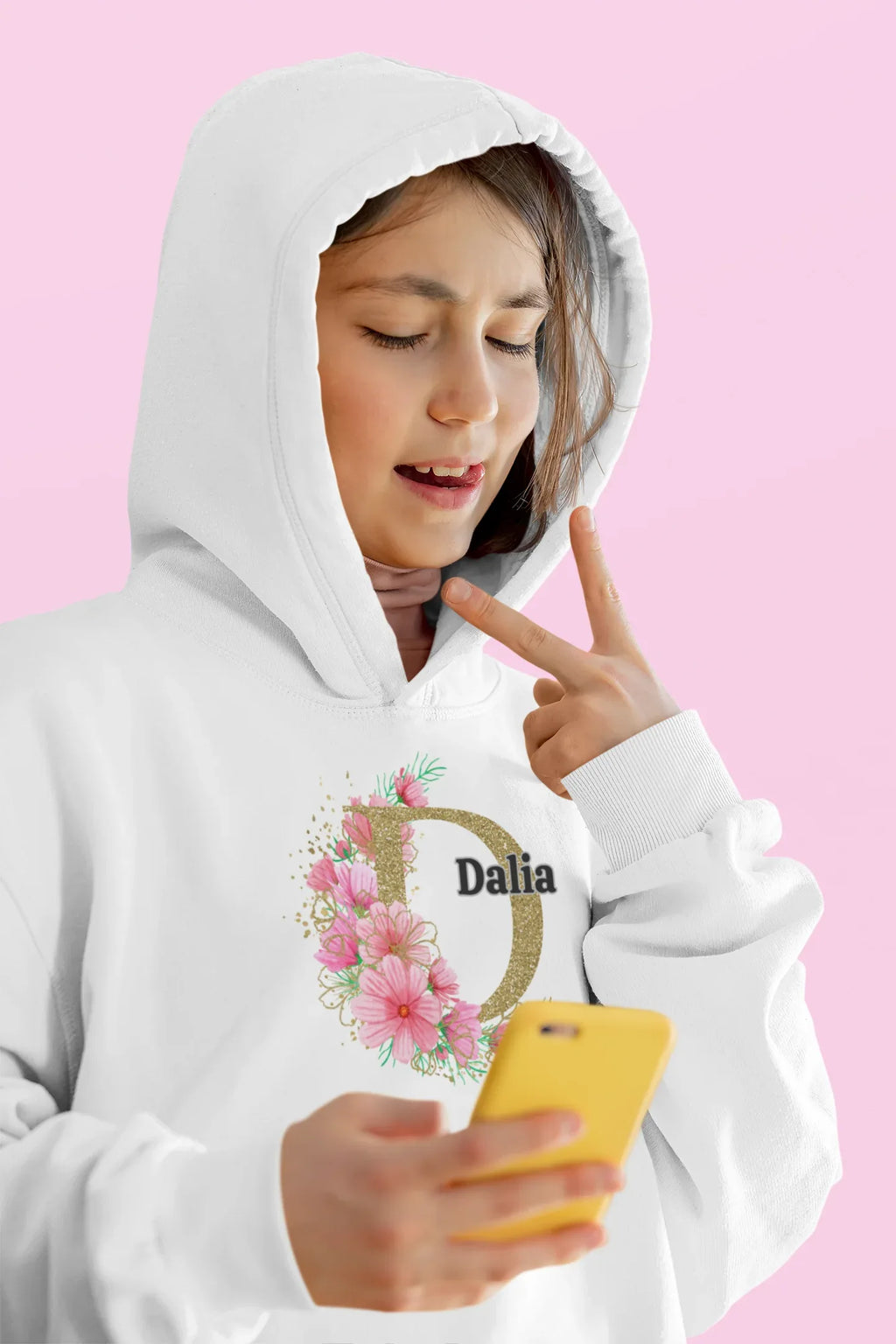 White kids hoodie with hood and floral letter Dalia graphic on chest