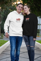 White and black hoodies worn by a couple, heart cartoon logo on each chest