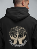 Black hoodie with back tree graphic and arched text, pullover hooded sweatshirt