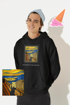 Black pullover hoodie with hood and front colorful square graphic print, ICECREAM text.