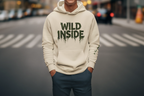 Oatmeal hoodie pullover with 'WILD INSIDE' front graphic, hood and kangaroo pocket