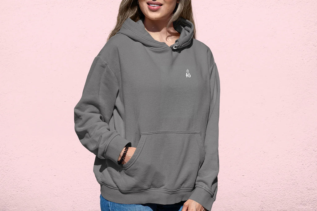 Steel gray pullover hoodie with small chest logo and hood