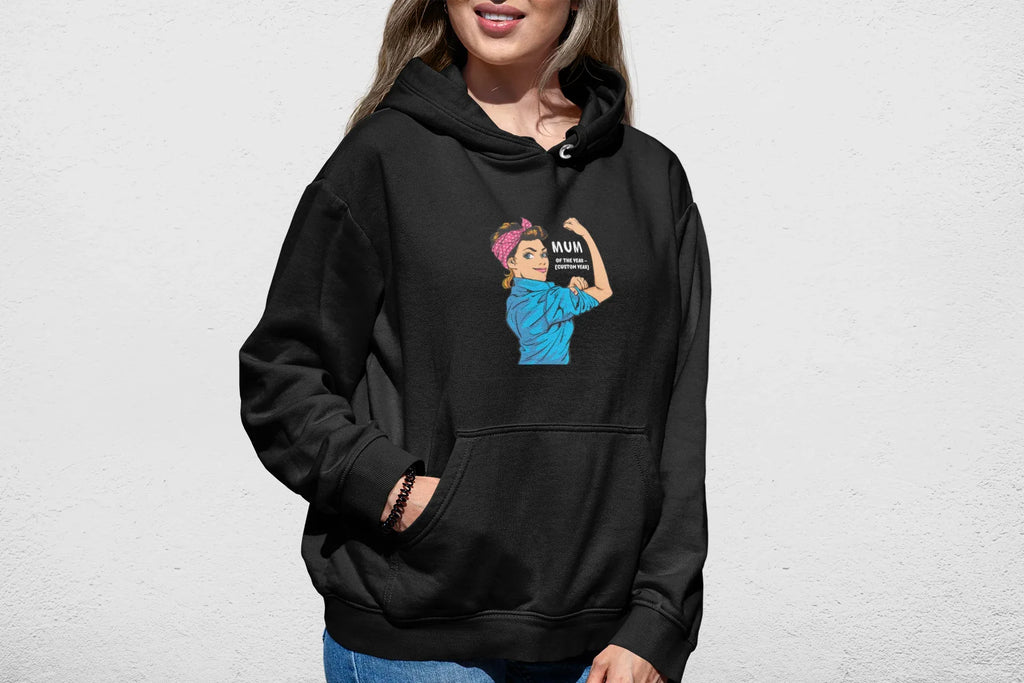 Black Mum of the Year hoodie sweatshirt with front graphic print and kangaroo pocket
