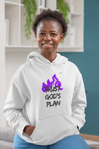White hoodie with kangaroo pocket and purple flame-style text graphic on the chest.