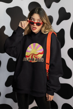 Black unisex hooded sweatshirt with colorful beach graphic and front pouch pocket