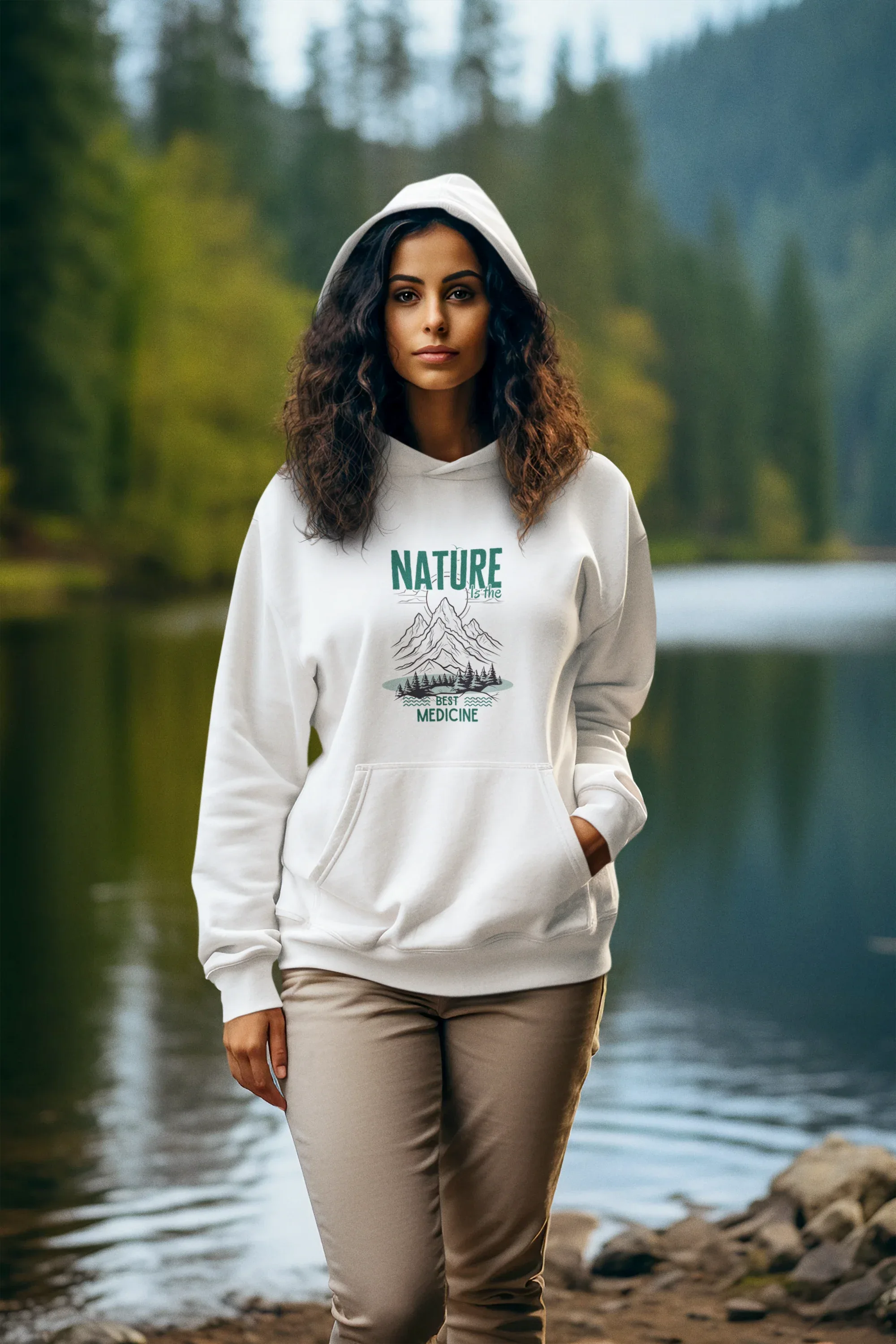 White hoodie on a woman with green nature mountain “Best Medicine” logo on chest.