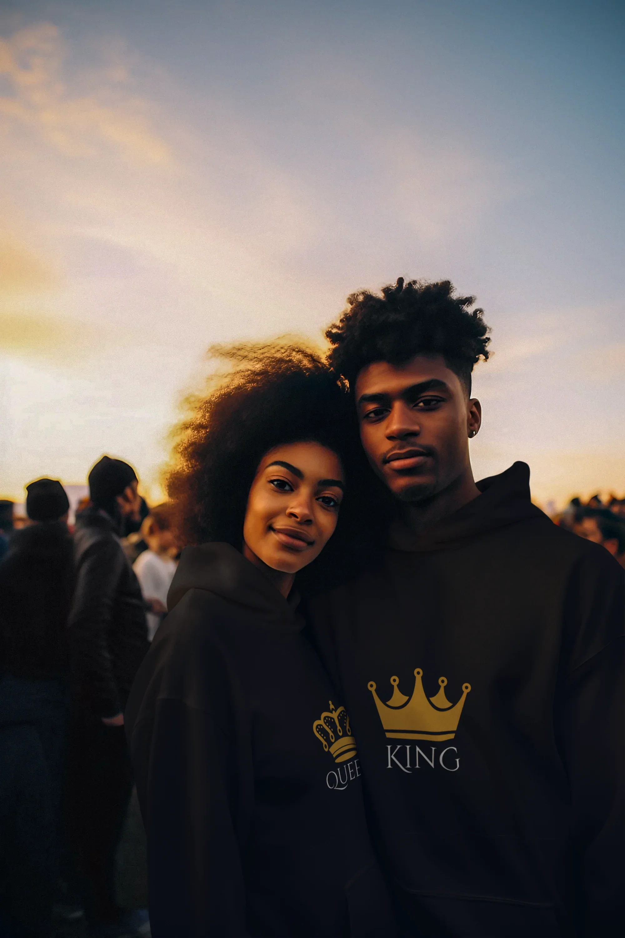 Dark hooded sweatshirt with KING crown graphic on chest, worn by a person in close-up