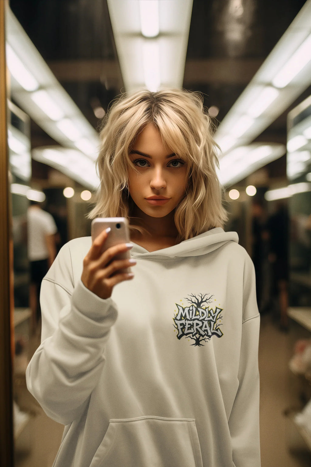 White hoodie with small chest logo, worn with long sleeves and hood